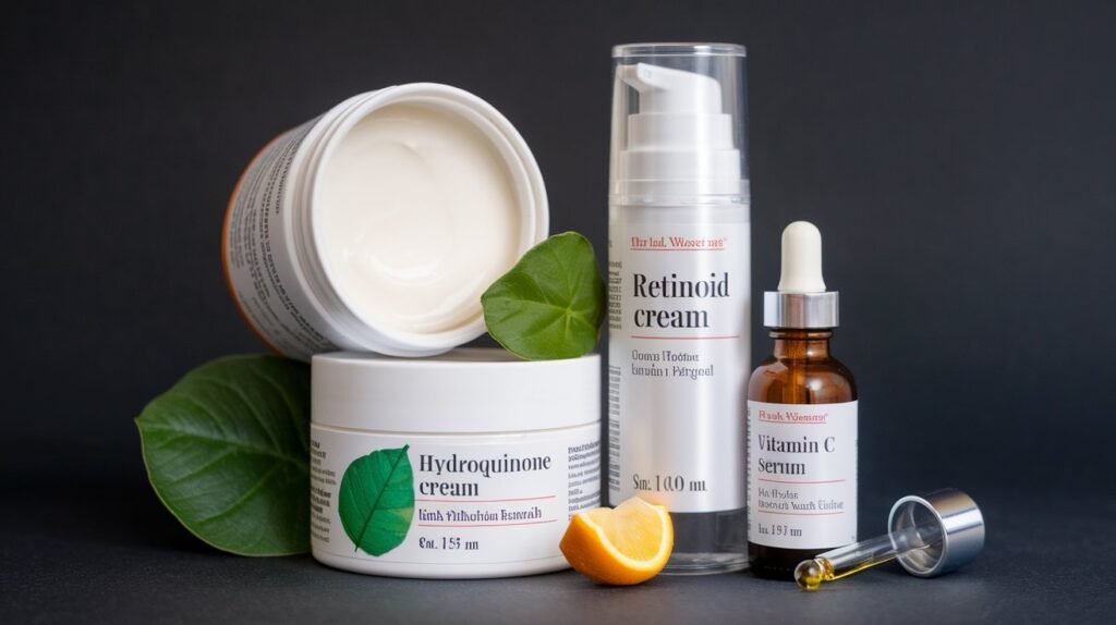 A collection of topical treatments including hydroquinone, retinoids, and vitamin C serums for managing post-inflammatory hyperpigmentation.
