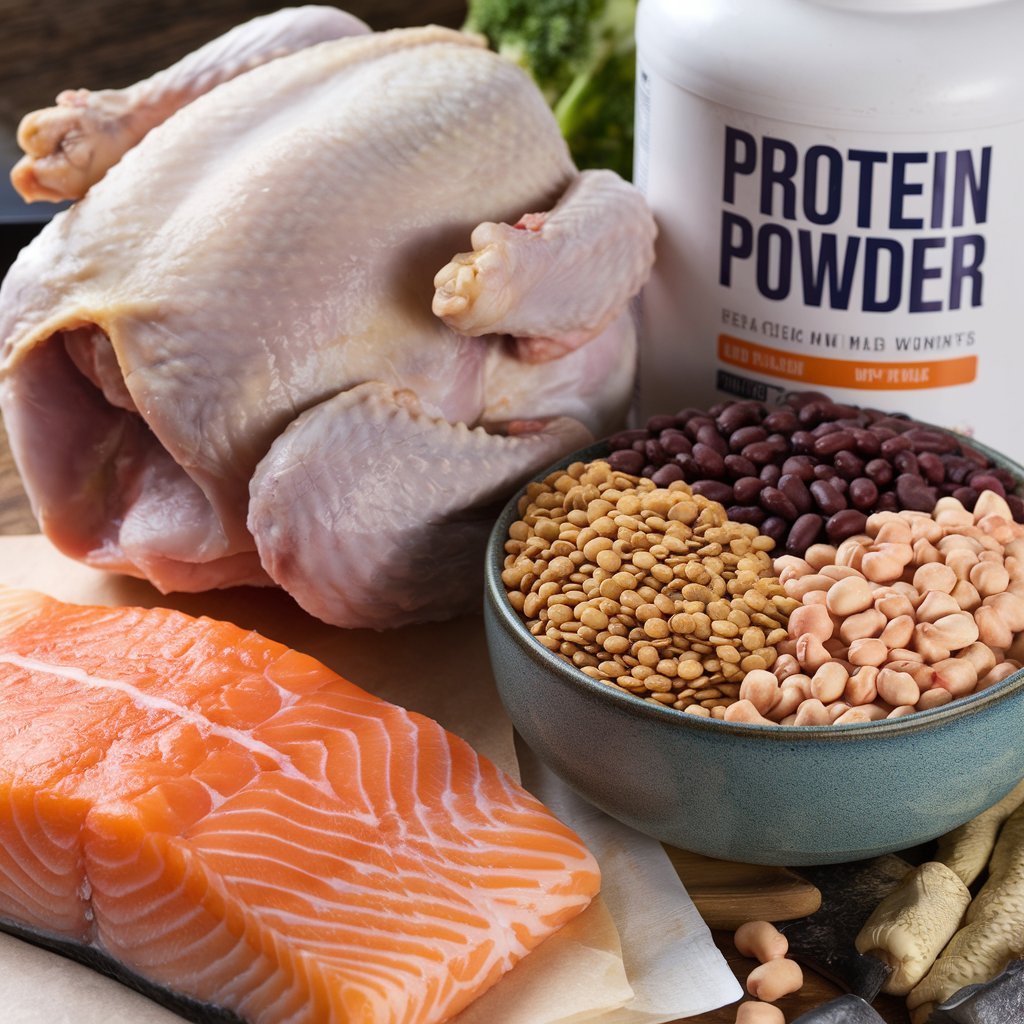 A diverse selection of protein sources including chicken, fish, legumes, and protein powder, emphasizing the importance of protein for muscle growth and fitness.