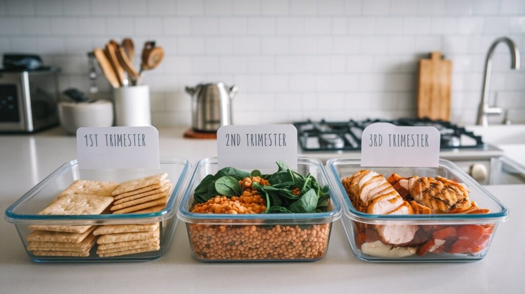 Meal prep containers labeled for each trimester of pregnancy, featuring foods like crackers, spinach, lentils, and grilled chicken to support maternal and fetal health.