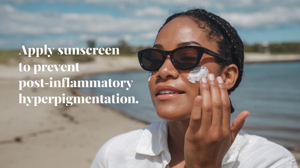 A person applying sunscreen to their face, emphasizing the importance of sun protection in preventing post-inflammatory hyperpigmentation.