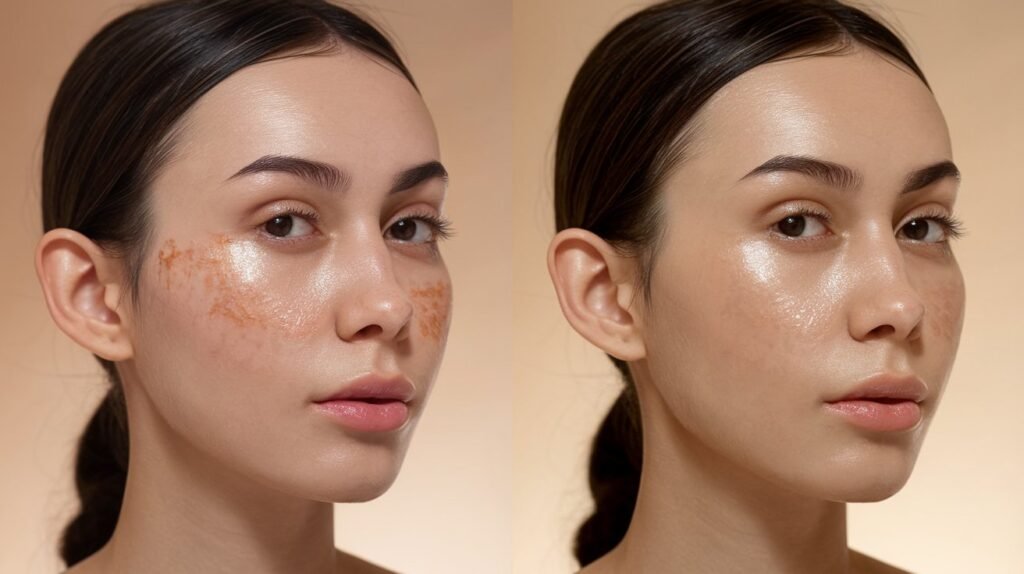 A side-by-side comparison of skin before and after treatment for post-inflammatory hyperpigmentation, showing significant improvement.