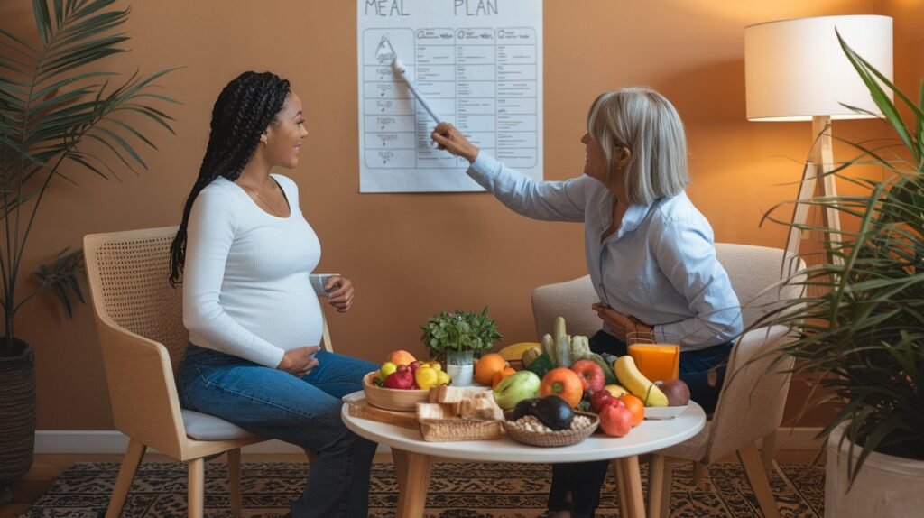 A pregnant woman consulting with a nutritionist, reviewing a meal plan chart with healthy foods like fruits, vegetables, and whole grains.