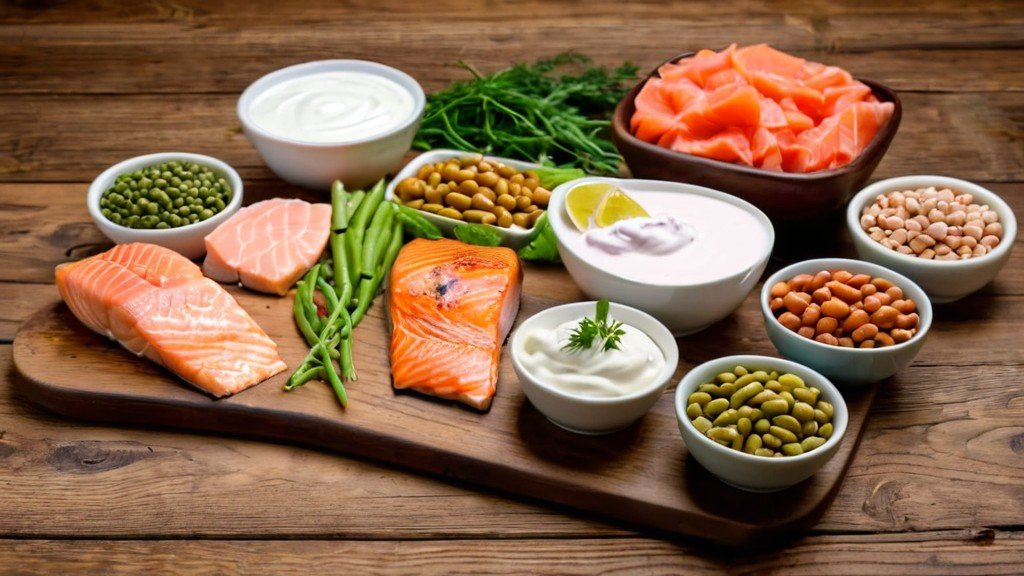 A colorful assortment of high-protein foods including chicken breast, salmon, Greek yogurt, and legumes arranged on a wooden table.