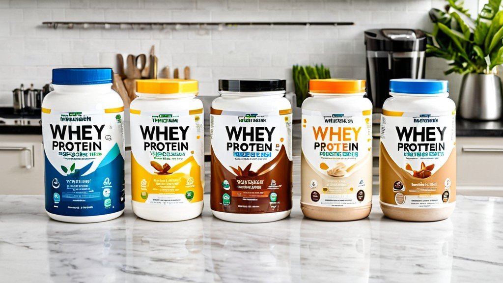 A variety of protein supplements including whey protein powder, plant-based protein powder, and ready-to-drink protein shakes displayed on a kitchen counter.