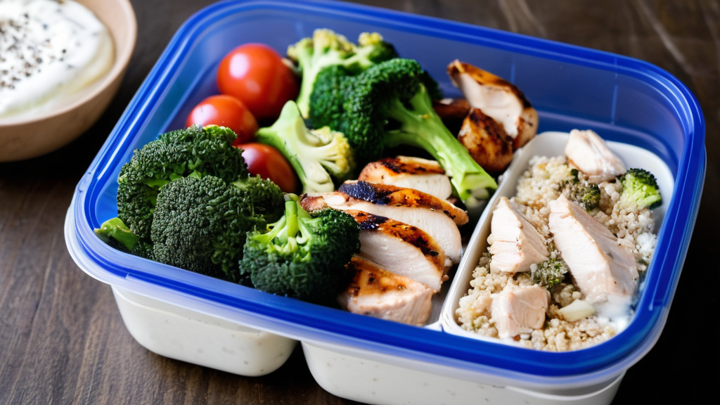 A well-organized meal prep container filled with grilled chicken, quinoa, steamed broccoli, and a side of Greek yogurt, showcasing a balanced meal for muscle growth.