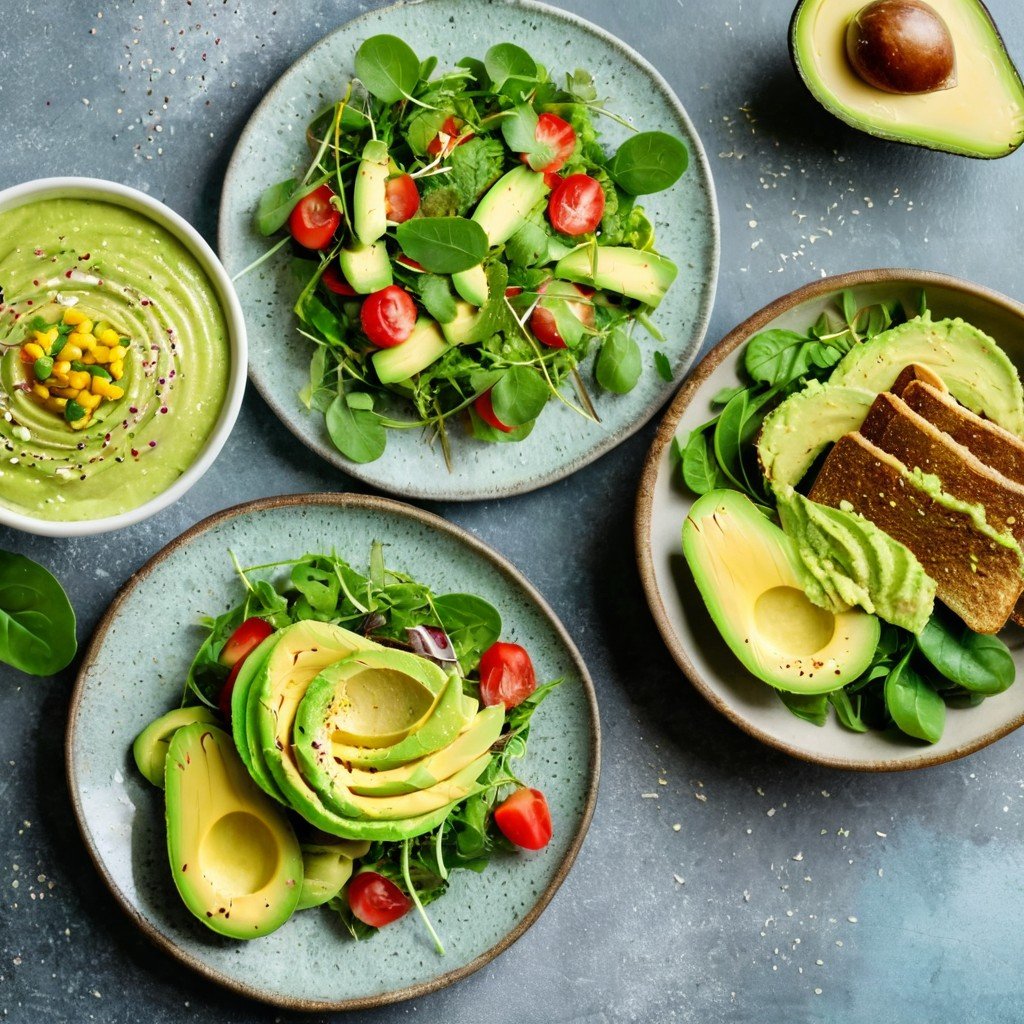 Collage of avocado recipes, including avocado toast, a green smoothie, guacamole, and a fresh salad, showcasing the versatility of avocados.
