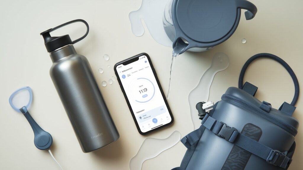 A flat-lay of hydration tools, including a reusable water bottle, water filter pitcher, hydration pack, and smartphone with a hydration app, showcasing practical ways to stay hydrated.