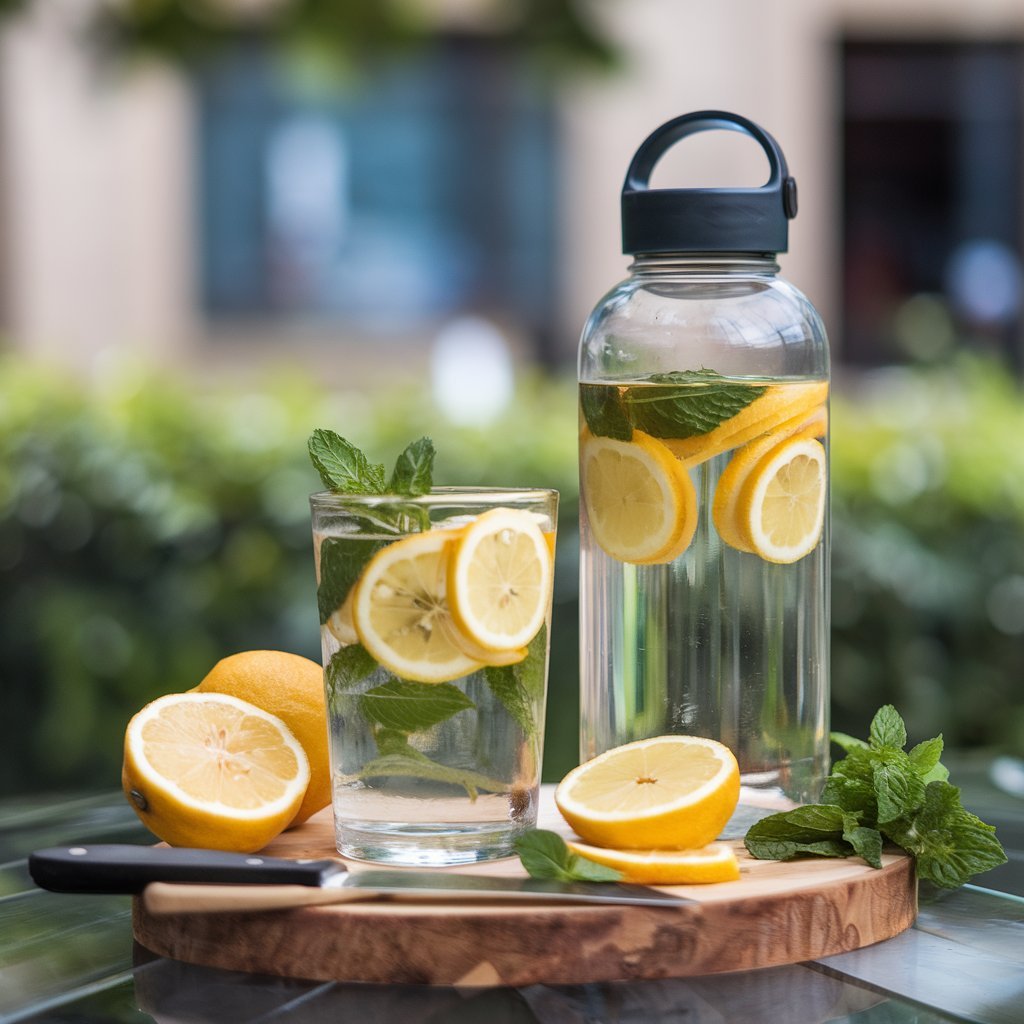 A glass of water with lemon slices and mint leaves, alongside a reusable water bottle filled with fruit-infused water, symbolizing the importance for staying hydrated for better health