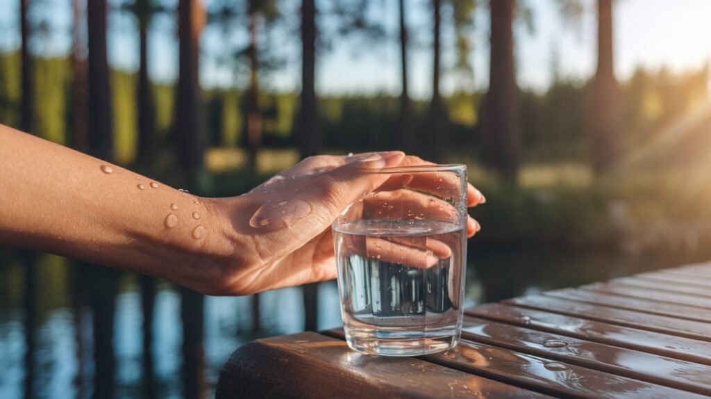 Close-up of glowing, hydrated skin with water droplets, alongside a hand holding a glass of water, highlighting the benefits of hydration for skin health.