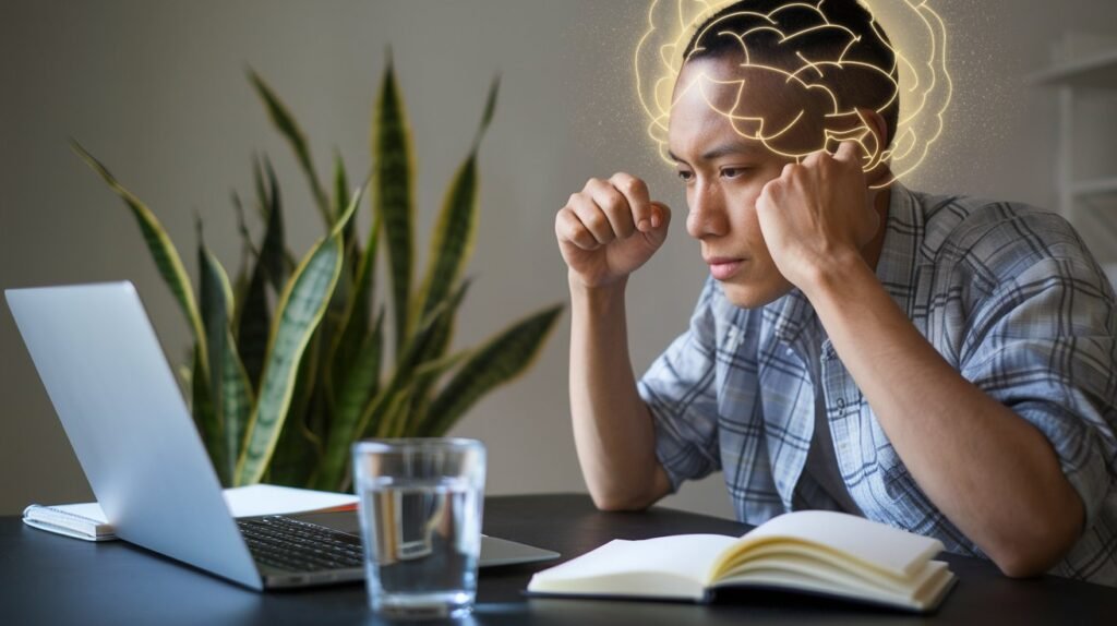A person working at a desk with a glass of water, symbolizing the connection between hydration and mental clarity.