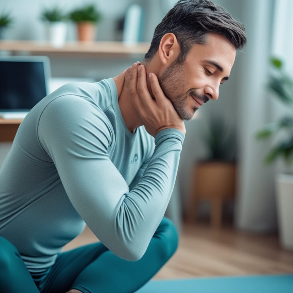 Person performing a gentle neck stretch as part of effective neck pain exercises to relieve stiffness and improve mobility at home.