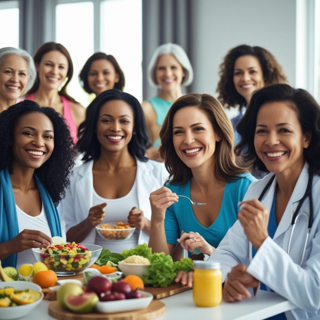 A diverse group of women smiling and engaging in healthy activities, such as exercising, eating nutritious food, and discussing health with a doctor, representing the importance of women's health and well-being