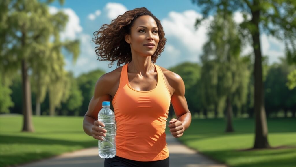 A woman jogging in a park with a water bottle and healthy snacks, showcasing the importance of exercise and nutrition for physical health.