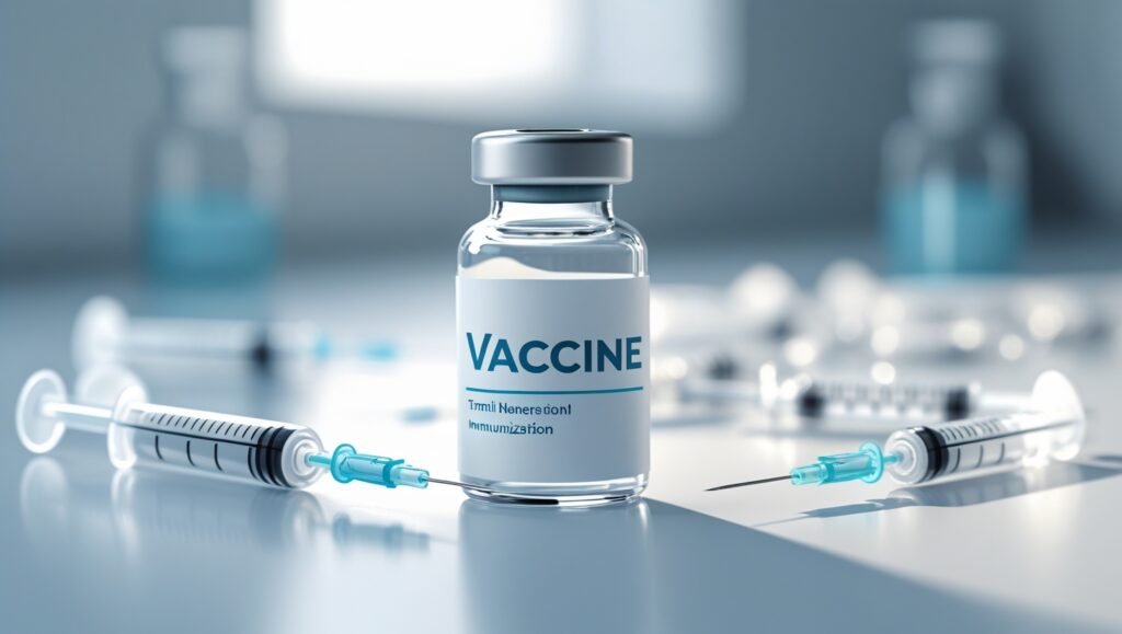 Close-up of a vaccine vial and syringe, representing the safety and precision of childhood vaccines.