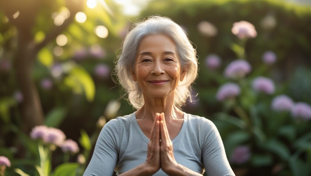 A senior woman smiling while practicing yoga, symbolizing vitality and healthy aging.