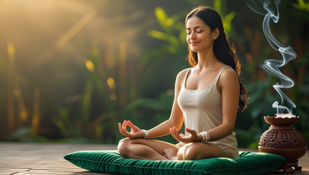 A woman meditating peacefully in a serene environment, representing stress management and mental well-being.