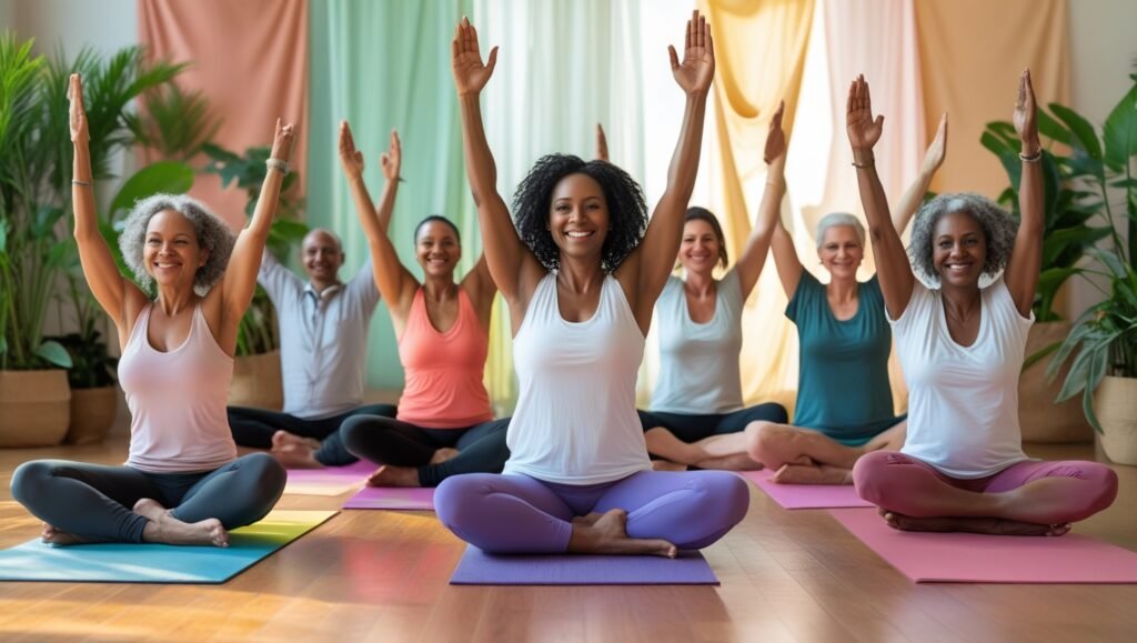 A diverse group of people stretching together, symbolizing the community and wellness benefits of stretch therapy