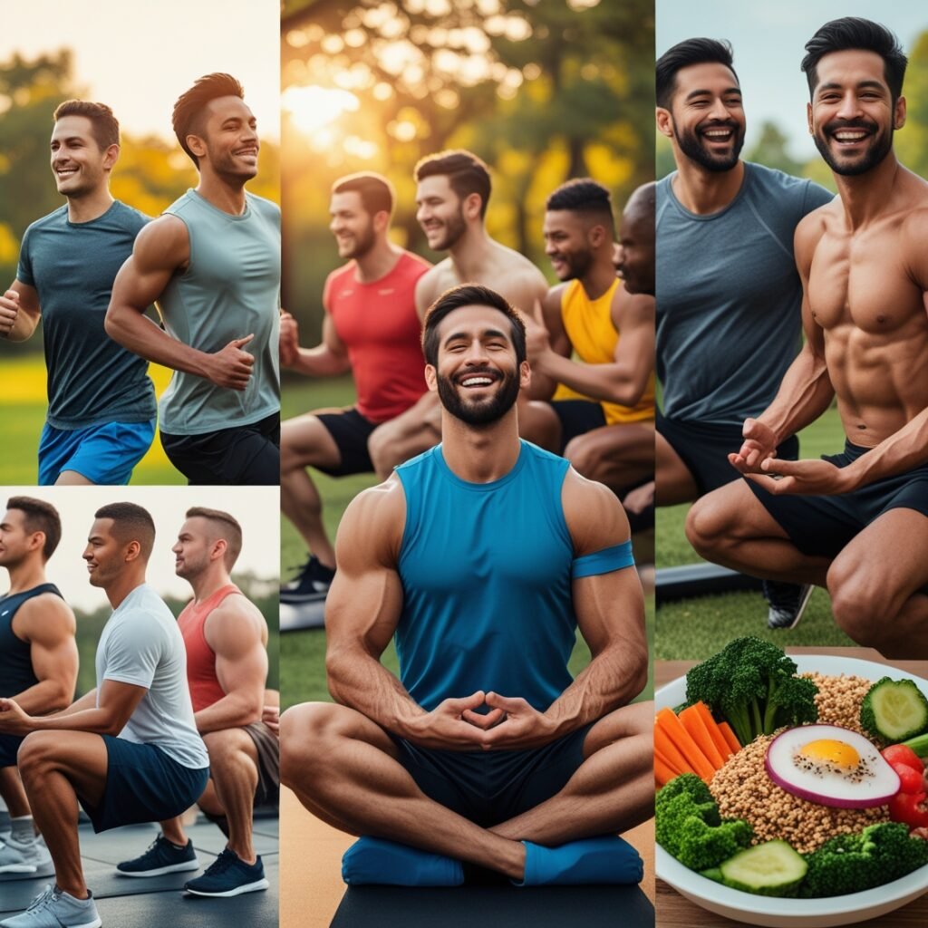 Group of men engaging in healthy activities like jogging, gym workouts, and meditation, emphasizing men's health and wellness.