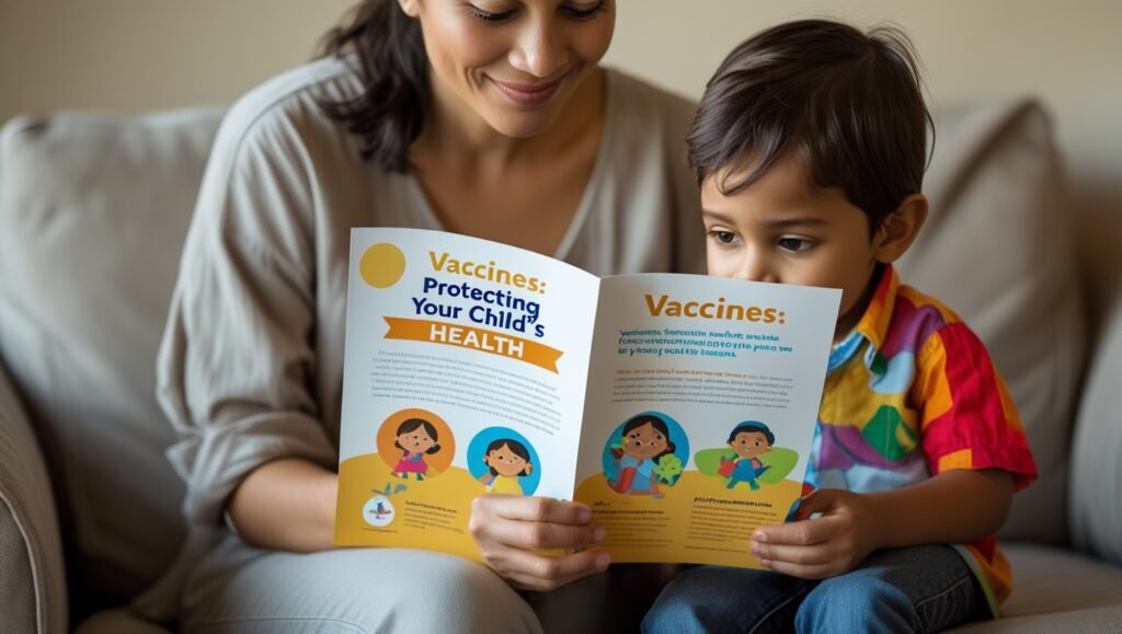 Parent and child reading a vaccine brochure together, emphasizing the importance of education and informed decision-making.