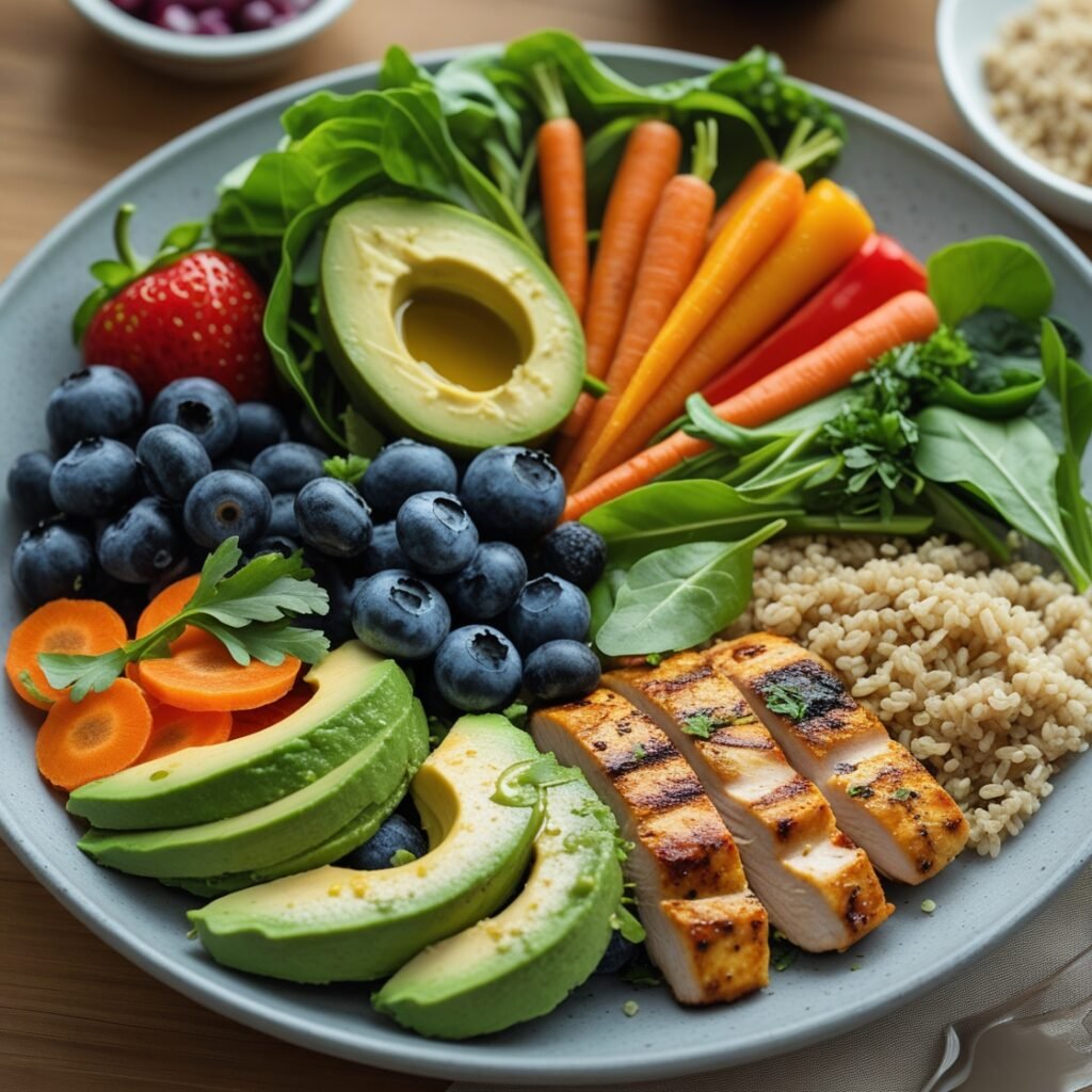 A colorful plate filled with a variety of healthy foods, including fruits, vegetables, whole grains, lean proteins, and healthy fats, representing a balanced diet for optimal health.