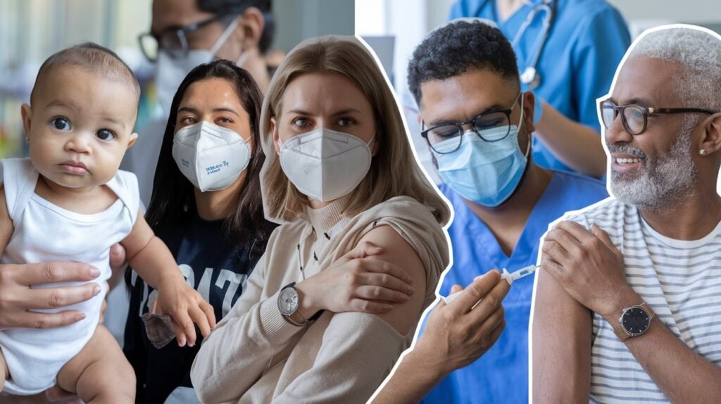 A collage of people from different life stages—babies, teens, adults, and seniors—receiving vaccines, with a healthcare professional in the background.