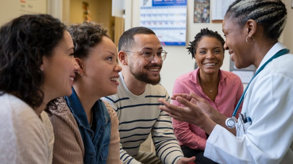 A diverse group of people having a conversation with a healthcare provider, symbolizing open dialogue and trust in immunization.