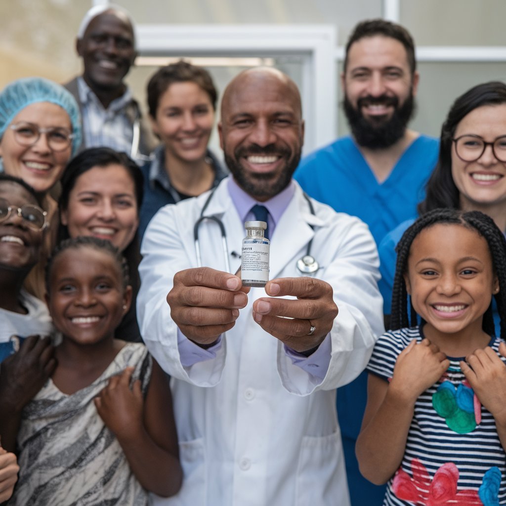 A diverse group of people, including children, adults, and healthcare workers, smiling and celebrating the impact of vaccines. A doctor holds a vaccine vial, symbolizing hope and protection through immunization.