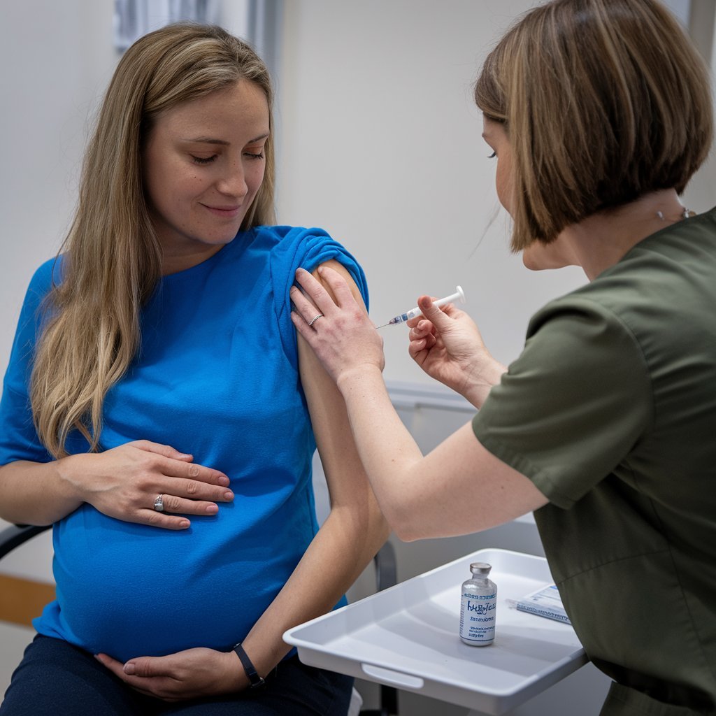 A pregnant woman holding her belly with a healthcare provider administering a vaccine, symbolizing the importance of vaccines during pregnancy for maternal and newborn health.