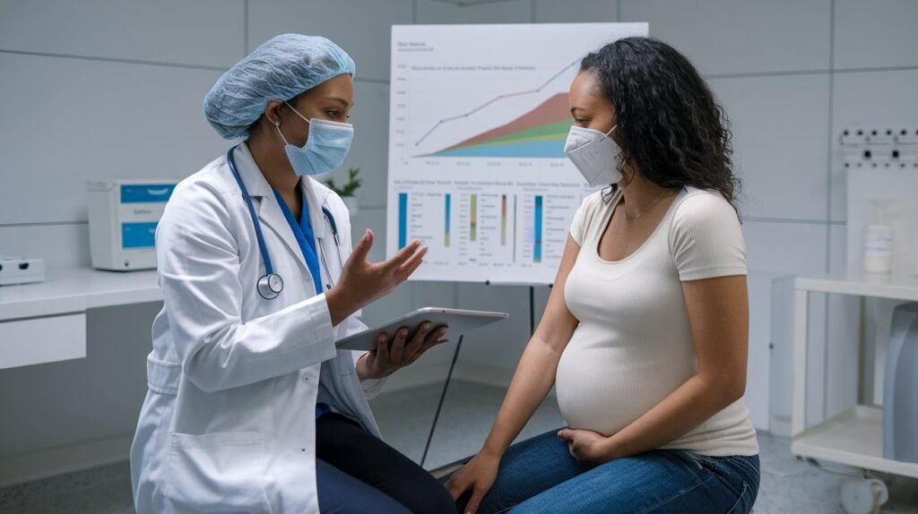 A healthcare provider discussing vaccine safety with a pregnant woman, backed by research data and charts.