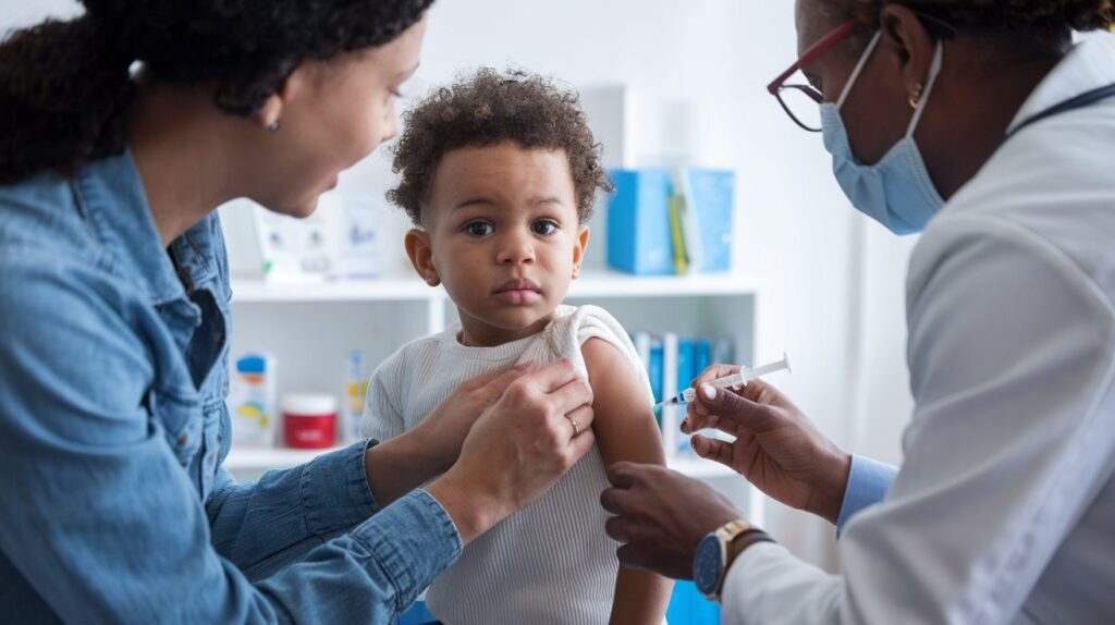 Parent and child at a pediatric clinic, discussing vaccines with a healthcare provider in a friendly, reassuring environment.