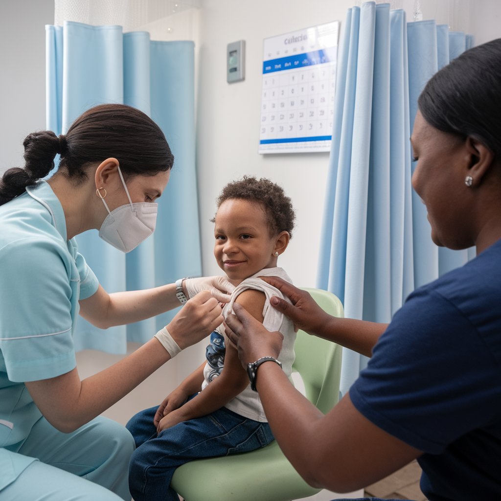 Pediatrician administering a vaccine to a smiling child in a clinic, highlighting the importance of childhood vaccines for health and safety.