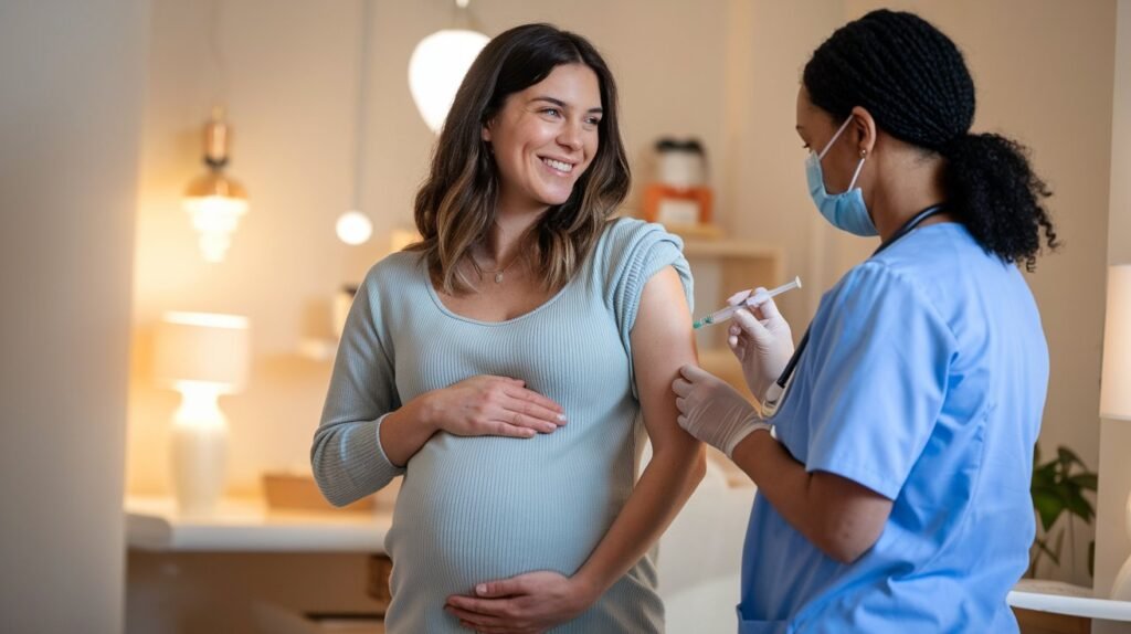 A pregnant woman smiling while a healthcare provider prepares a vaccine, highlighting the importance of vaccines during pregnancy