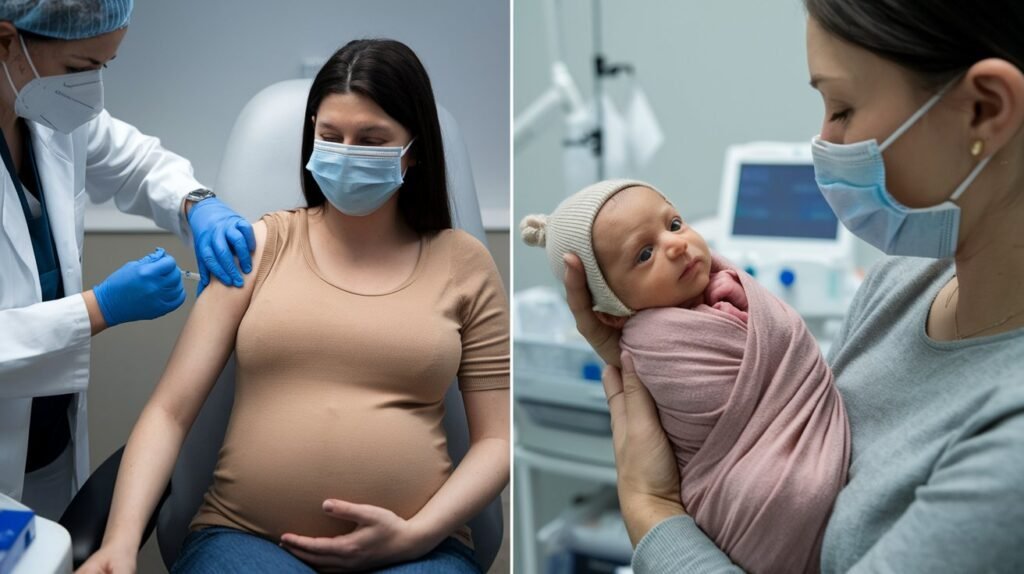 A split image of a pregnant woman getting vaccinated and a mother holding her newborn, emphasizing the dual benefits of vaccines during pregnancy.