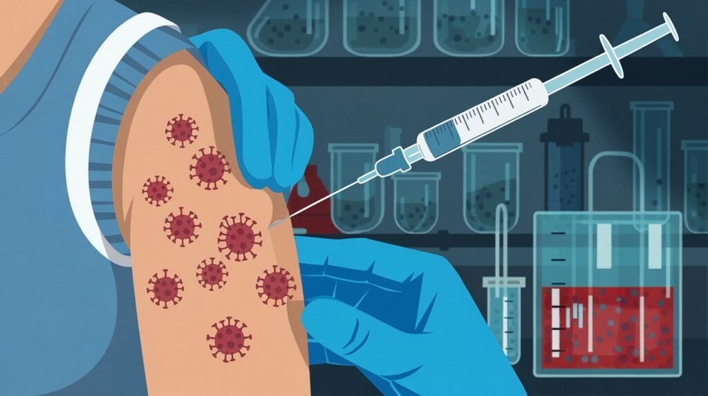 An illustrated diagram showing how vaccines work, with visuals of antibodies attacking a virus and a person receiving a vaccine.