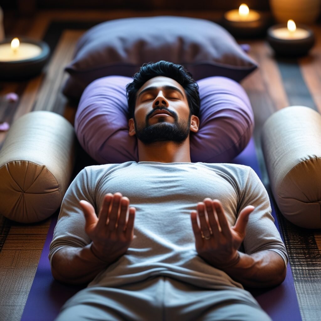 man practicing Yoga Nidra meditation lying down with eye pillow, surrounded by soft lighting and blankets in a peaceful home setting
