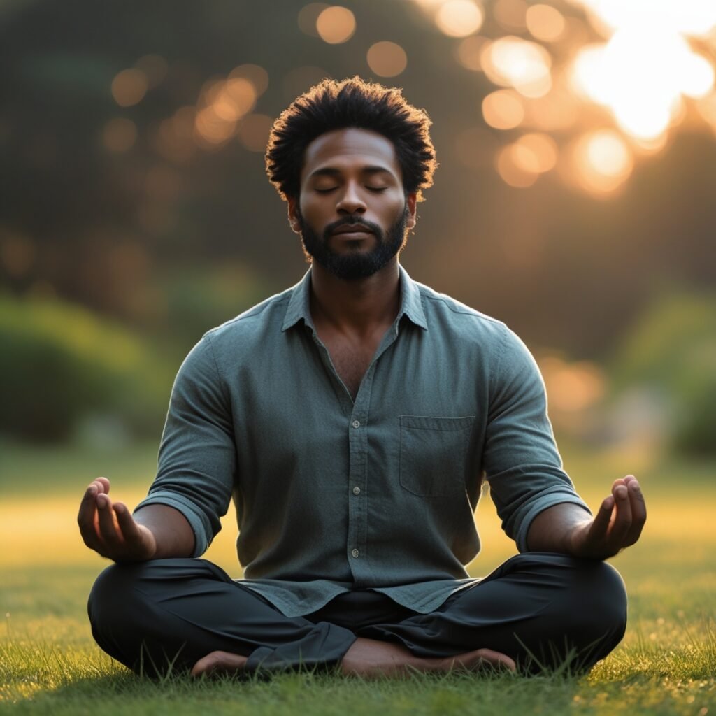 Woman practicing mindfulness meditation peacefully in nature at sunrise - beginner's guide to stress relief and mental clarity