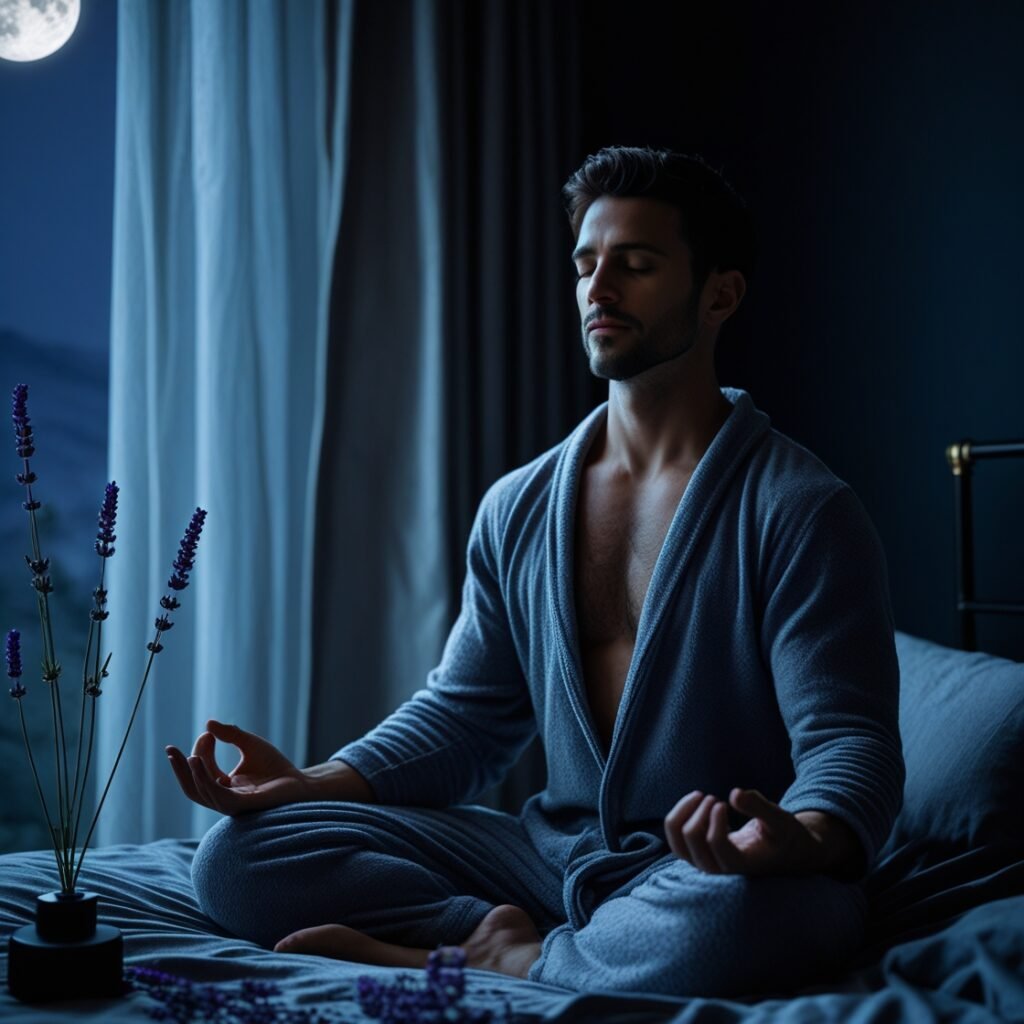man practicing guided sleep meditation in bed at night to fall asleep faster and reduce insomnia