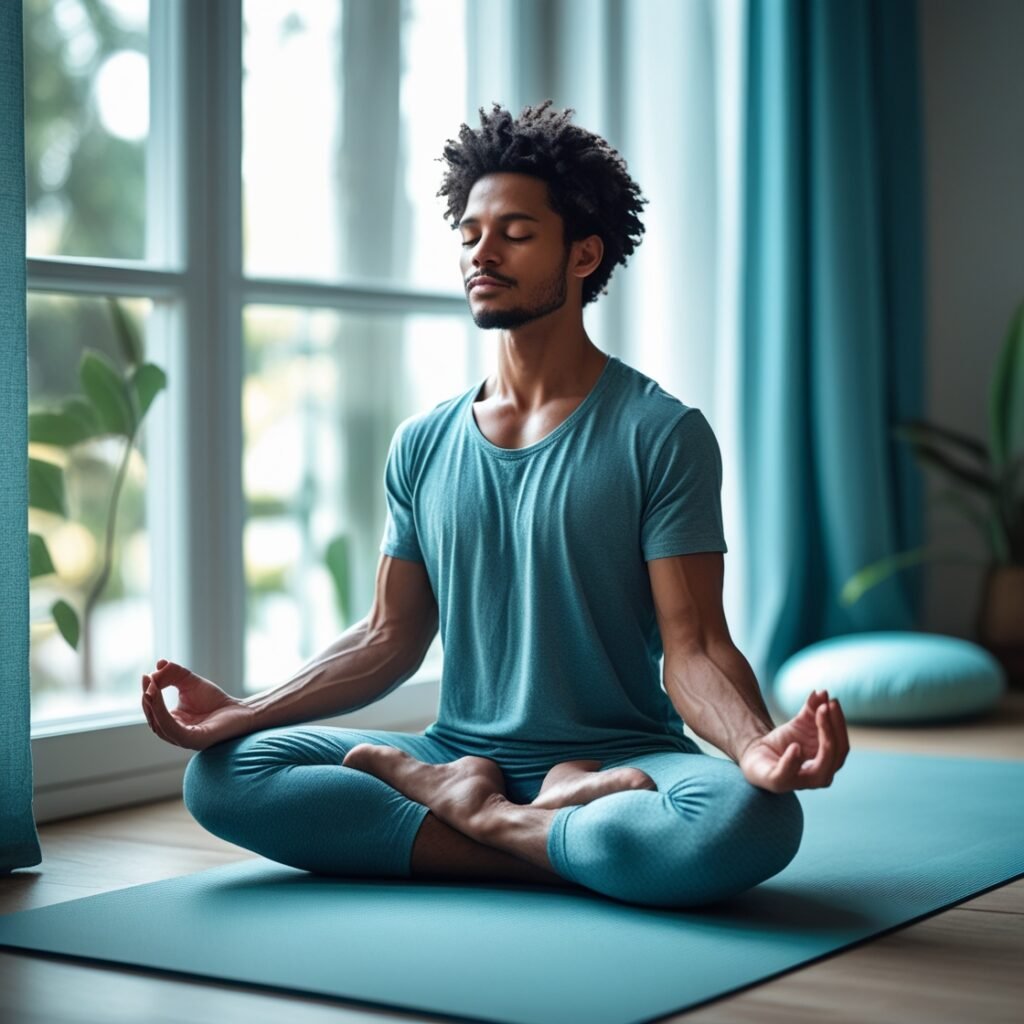 Man practicing beginner meditation at home for stress relief and mindfulness, sitting cross-legged with eyes closed in natural light.