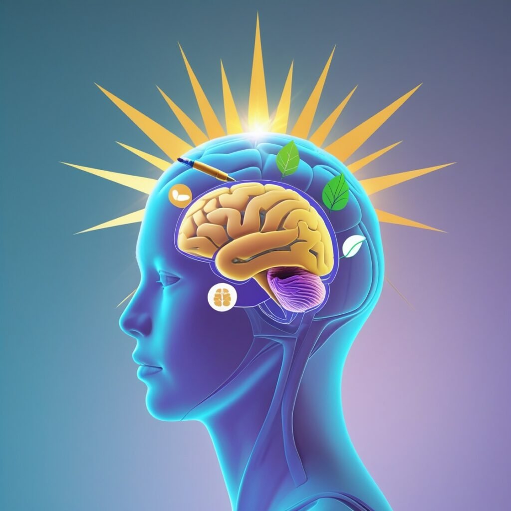 Colorful illustration of a human head with sunlight bursting through, surrounded by mental health tips icons like meditation, journaling, and nature walks for stress relief and emotional balance
