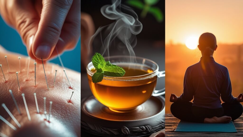 Montage of popular alternative medicine treatments including acupuncture needles, herbal teas, and meditation posture in natural setting