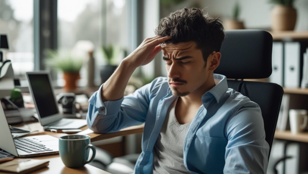 Frustrated man trying to meditate at home with laptop and distractions, showing common beginner struggles