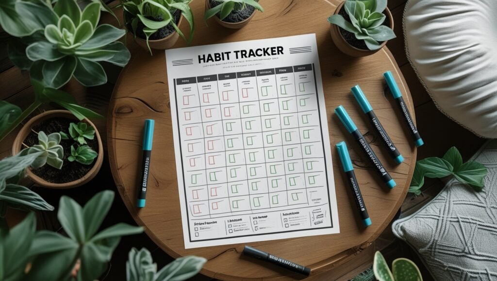 Meditation habit tracker printable with checkmarks showing anxiety reduction progress