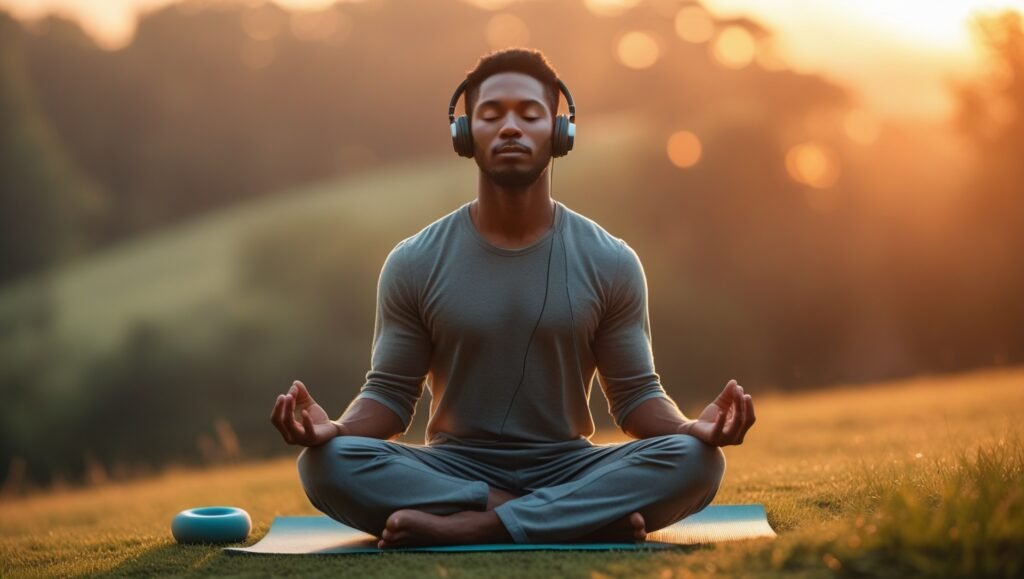 Young adult meditating with headphones in a cozy home setting, following a guided meditation for anxiety relief