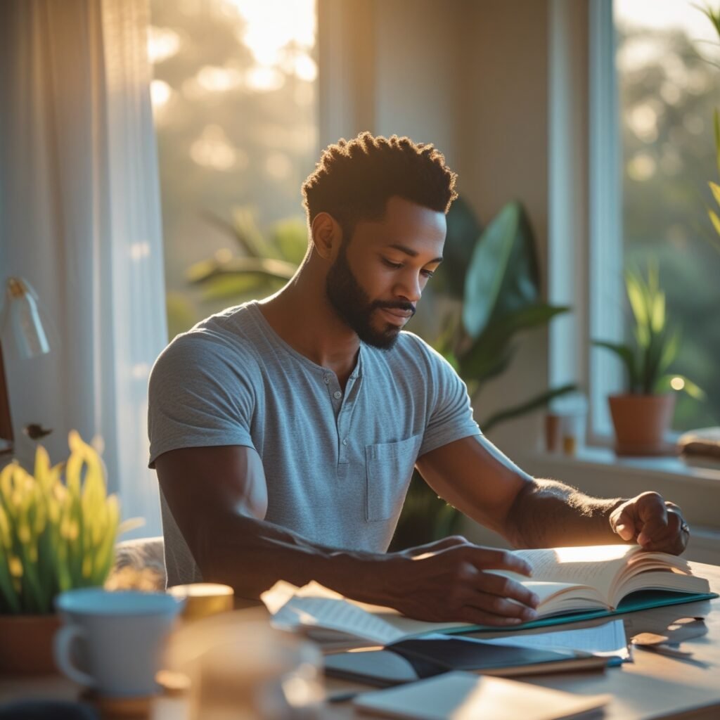 man practicing self-care for depression with journal and tea while sunlight streams through window, showing hope in recovery
