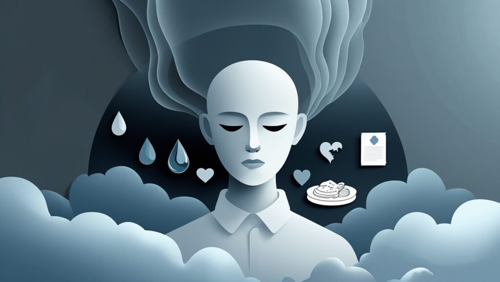 Illustration of person with dark cloud overhead showing emotional and physical symptoms of depression like fatigue, sadness, and isolation