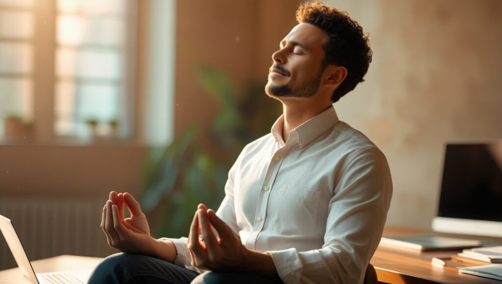 Diverse professional practicing breathing exercises at desk to reduce work stress through mindfulness