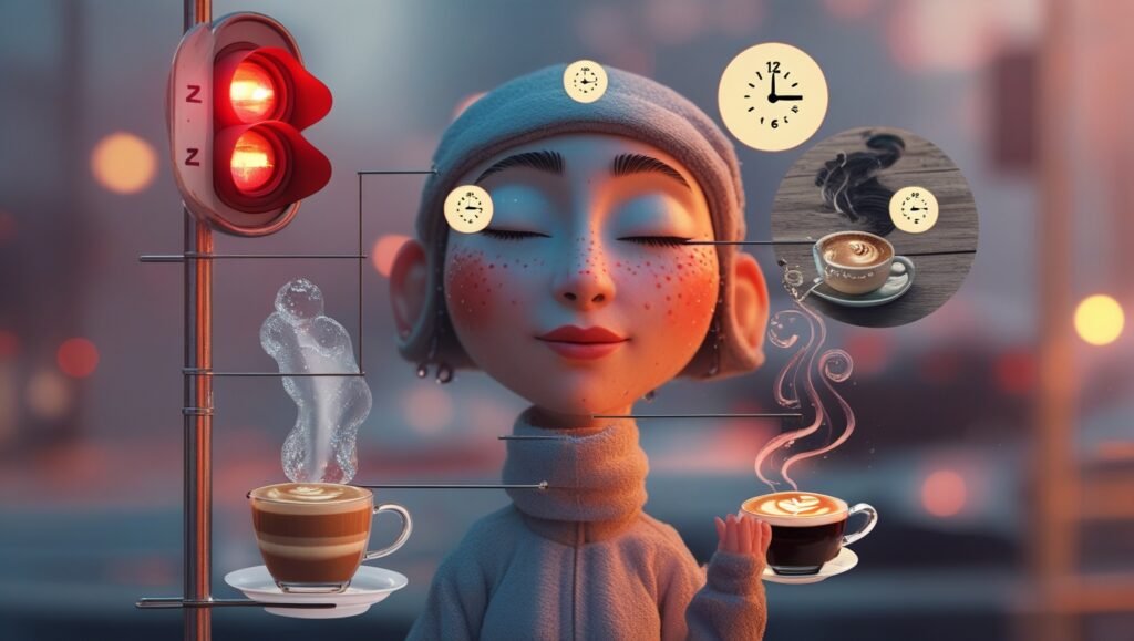 Cartoon showing breathwork moments - traffic light, shower, coffee break - with clock icons