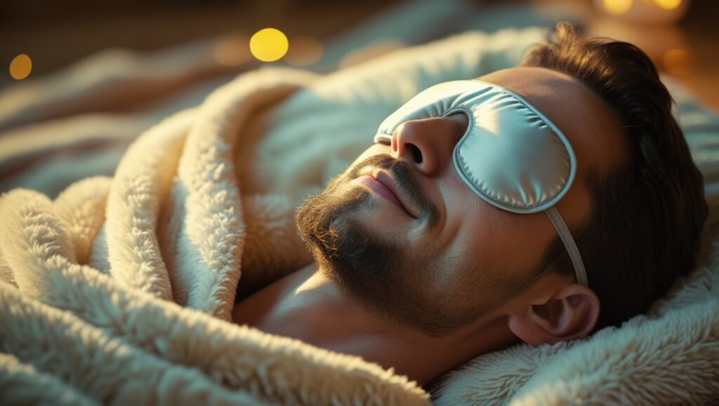 man practicing yoga nidra meditation lying down with a sleep mask under a cozy blanket