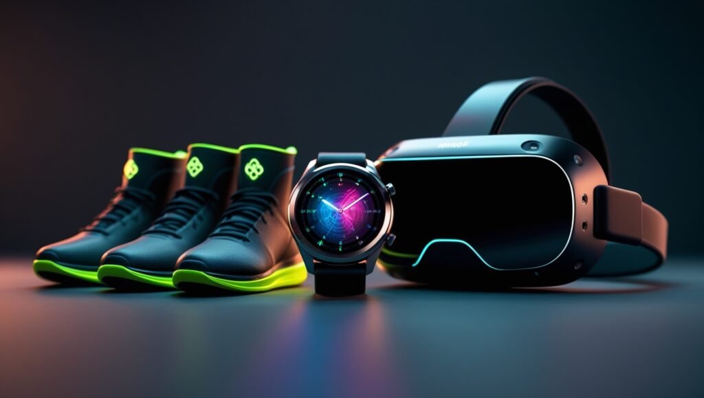Smartwatch, VR headset and recovery boots displayed with workout stats visualization