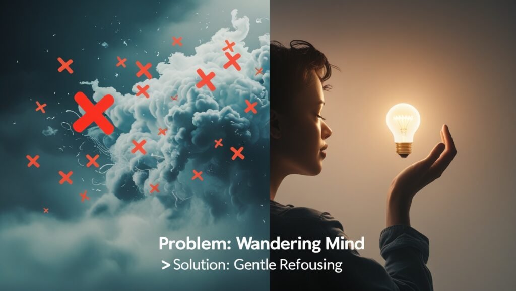 Illustration of common meditation problems (racing thoughts) with solutions like focusing